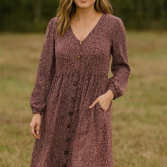 Red Ditzy Floral Dress L L/S Vneck Side Zip Loose Swing Boho Babydoll Sweetheart - Picture 1 of 7